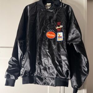 Black Satin Embroidered Patch Bomber Jacket